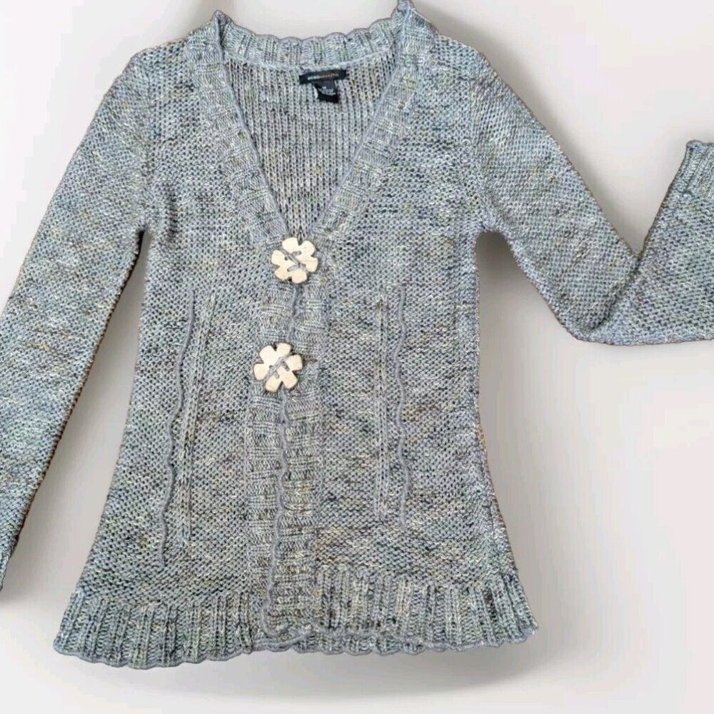 BCBG Maxazria Women's Med 2-Big Floral Button Green Loose Knit Cardigan Acrylic
